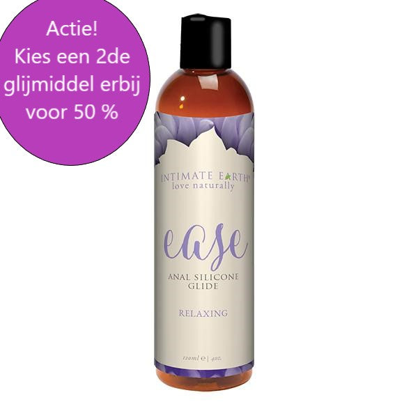 Zijaanzicht Intimate Earth Ease 120ml siliconen glijmiddel fles met productinformatie en pompmechanisme