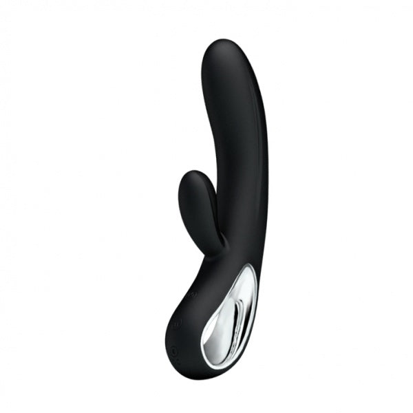 Zwarte siliconen Pretty Love Conrad rabbit vibrator met clitorisarm en zilverkleurig paneel
