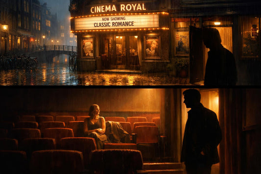 Regenachtige Amsterdamse straat die overgaat in een warme, bijna lege bioscoop, waar een vrouw achterin een silhouet ziet binnenkomen.