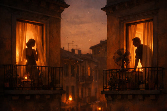 Twee open ramen in een zwoele zomernacht, met silhouetten die elkaar zwijgend aankijken.