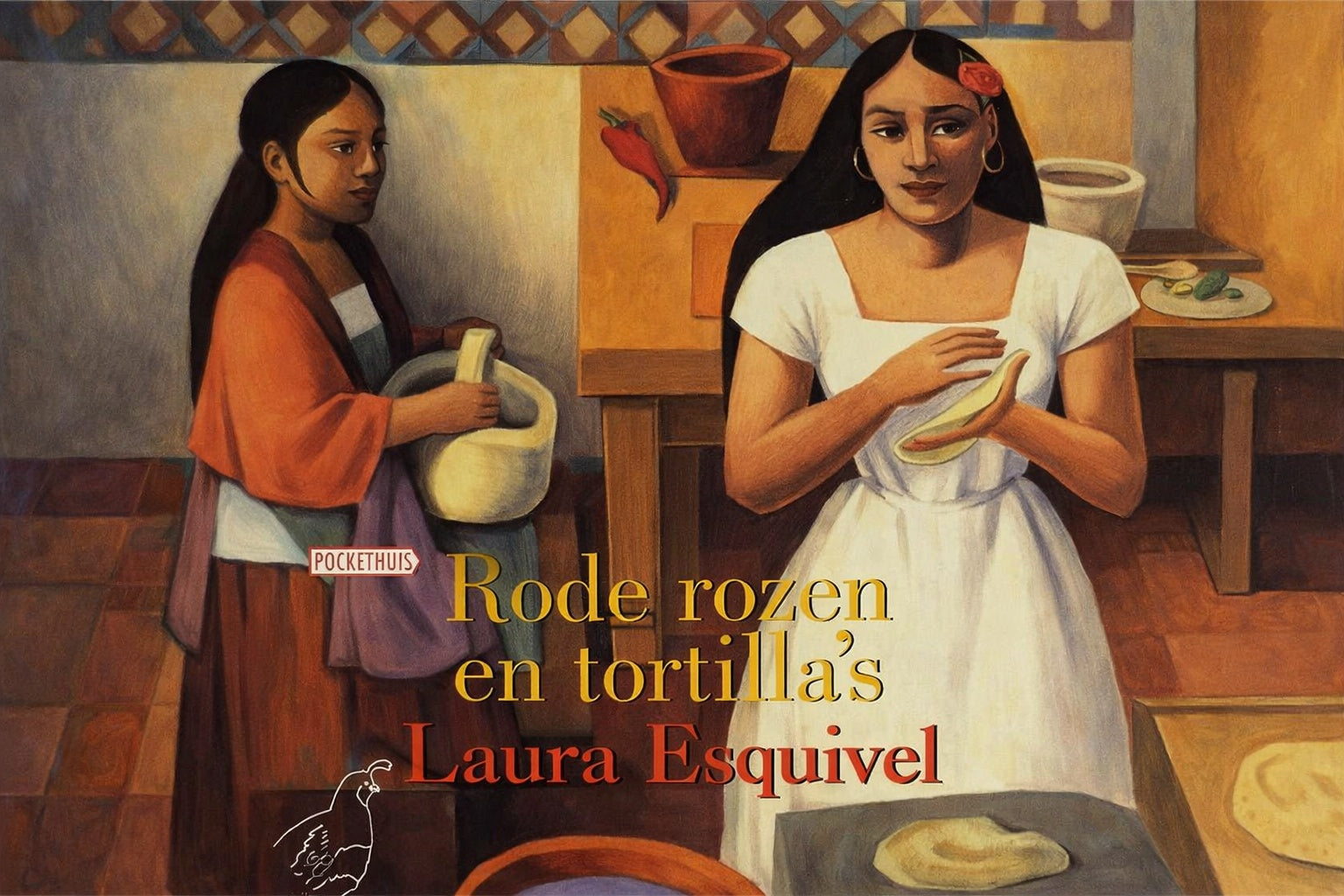 Boekomslag van Rode rozen en tortilla’s met twee Mexicaanse vrouwen in een keuken, één kneedt deeg terwijl de ander een vijzel vasthoudt.