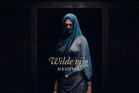 Een mysterieuze vrouw met sluier in een donkere ruimte, met de titel Wilde Vijg en de naam Nedjma subtiel in beeld, omgeven door een zwoele, intieme sfeer.