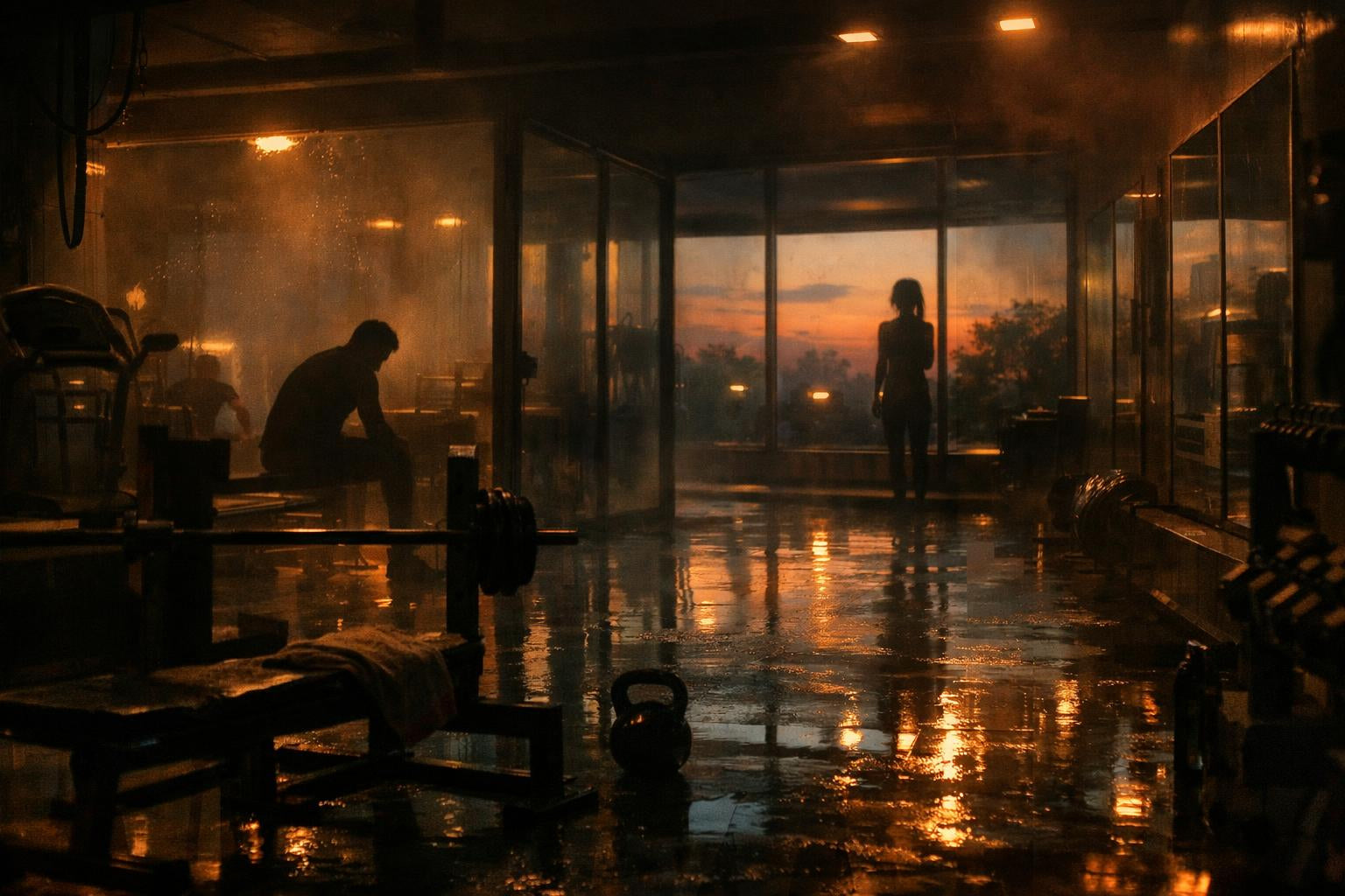 Lege fitnessruimte in schemerlicht met spiegels, lichte stoom en twee vage silhouetten die elkaar op afstand weerspiegeld zien.