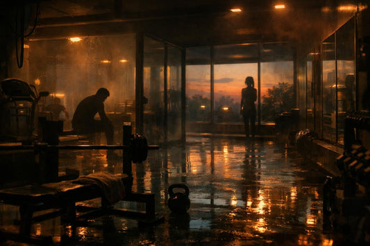 Lege fitnessruimte in schemerlicht met spiegels, lichte stoom en twee vage silhouetten die elkaar op afstand weerspiegeld zien.