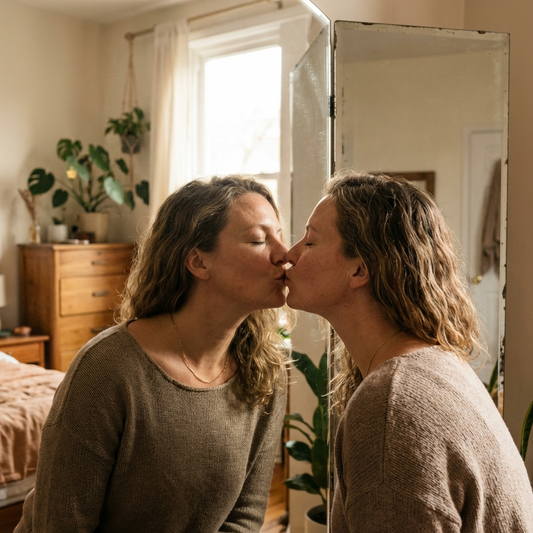 Vrouw in zacht licht die zelfbewust en vrij haar seksuele identiteit omarmt, symbolisch beeld van zelfliefde en acceptatie