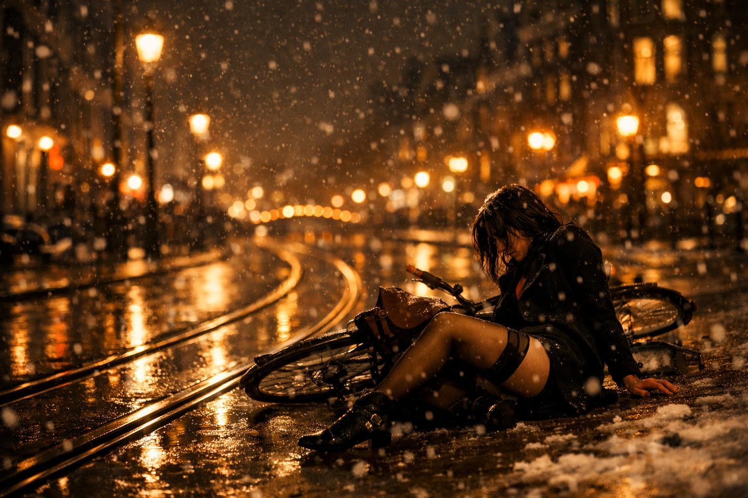 Een lege winterstraat met glinsterende tramrails en een gevallen fiets, badend in zacht stadslicht.