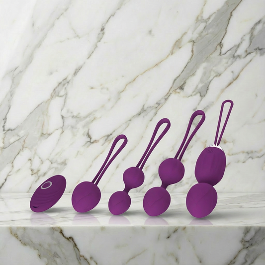 Kegelset met Extra Fun van De Paarse Keizerin op witte achtergrond, complete set voor bekkenbodemtraining