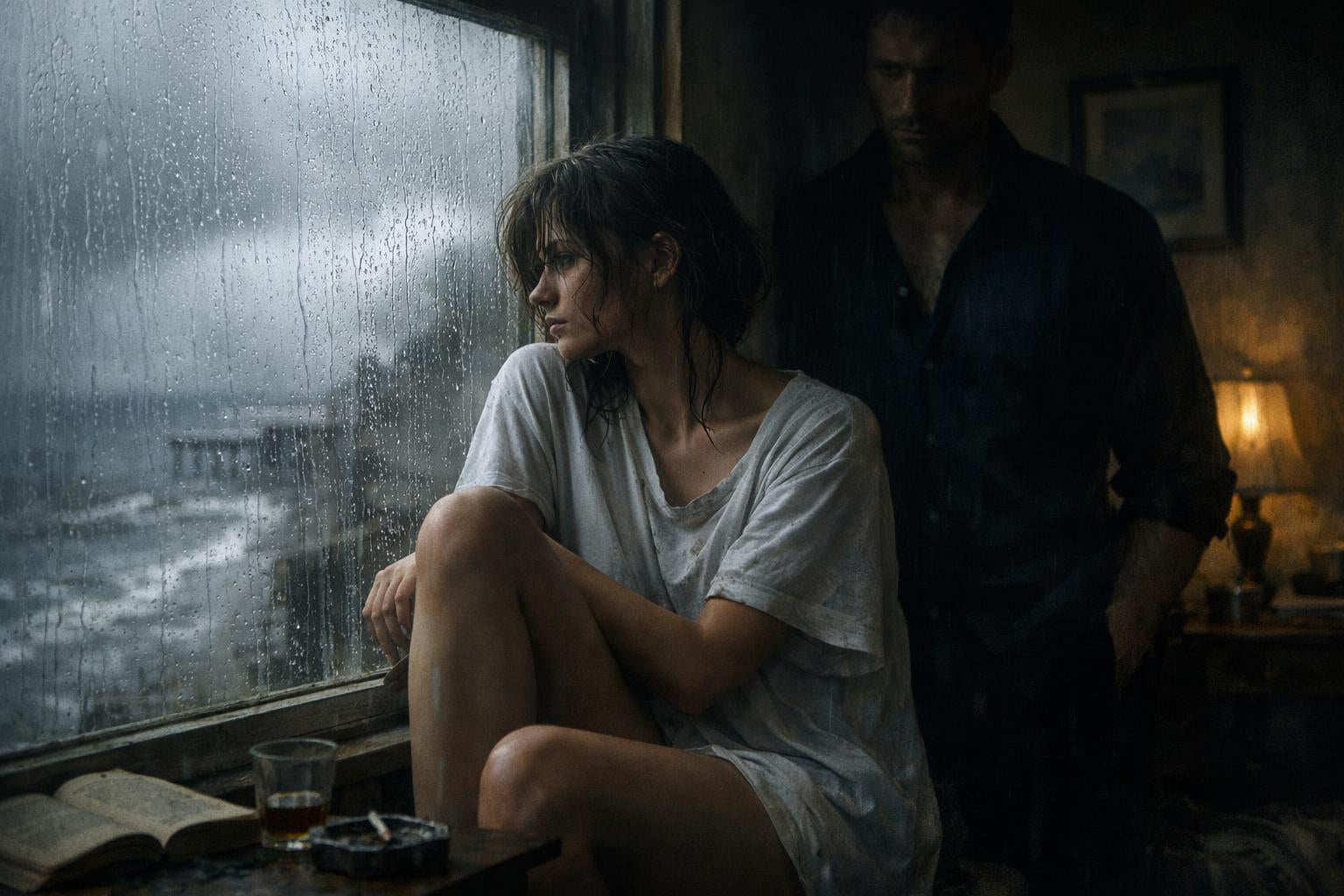 Melancholische, intieme scène van een vrouw in een nat T-shirt die bij een regennat raam zit en naar buiten staart, terwijl een man zwijgend achter haar staat in zacht, gedempt avondlicht.