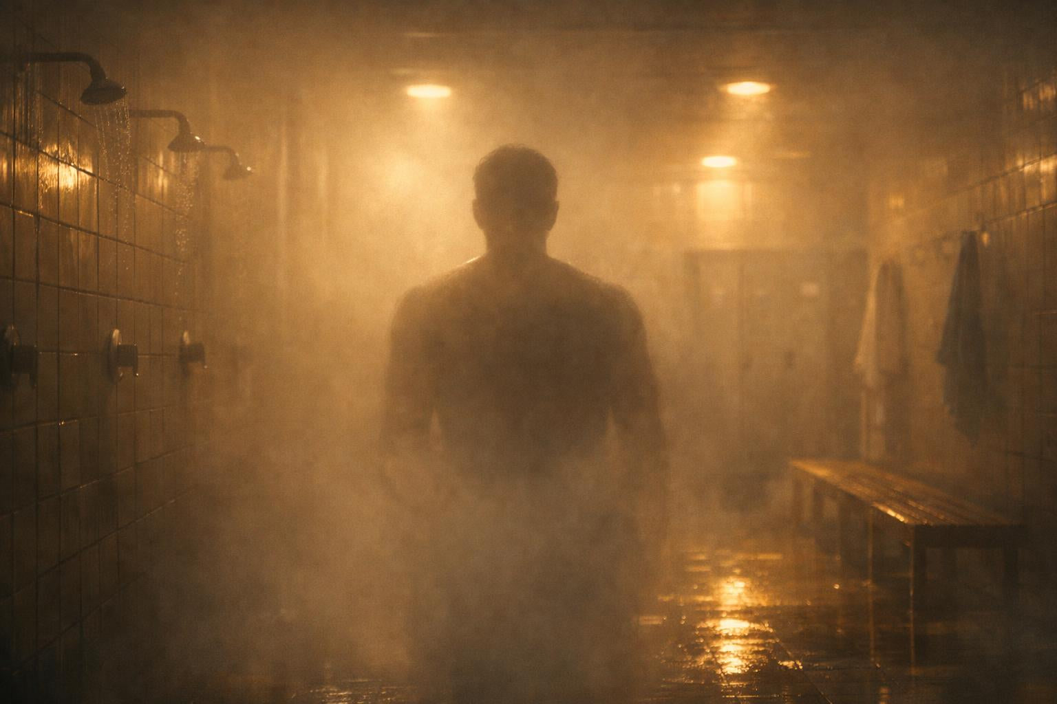 Stoom vult een lege sportschooldouche, met zacht avondlicht op natte tegels en het vage silhouet van een persoon in de mist.