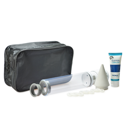 Primus Vacurex penispomp complete set met zwarte opbergtas, cilinder, kegel, ringen en glijmiddel