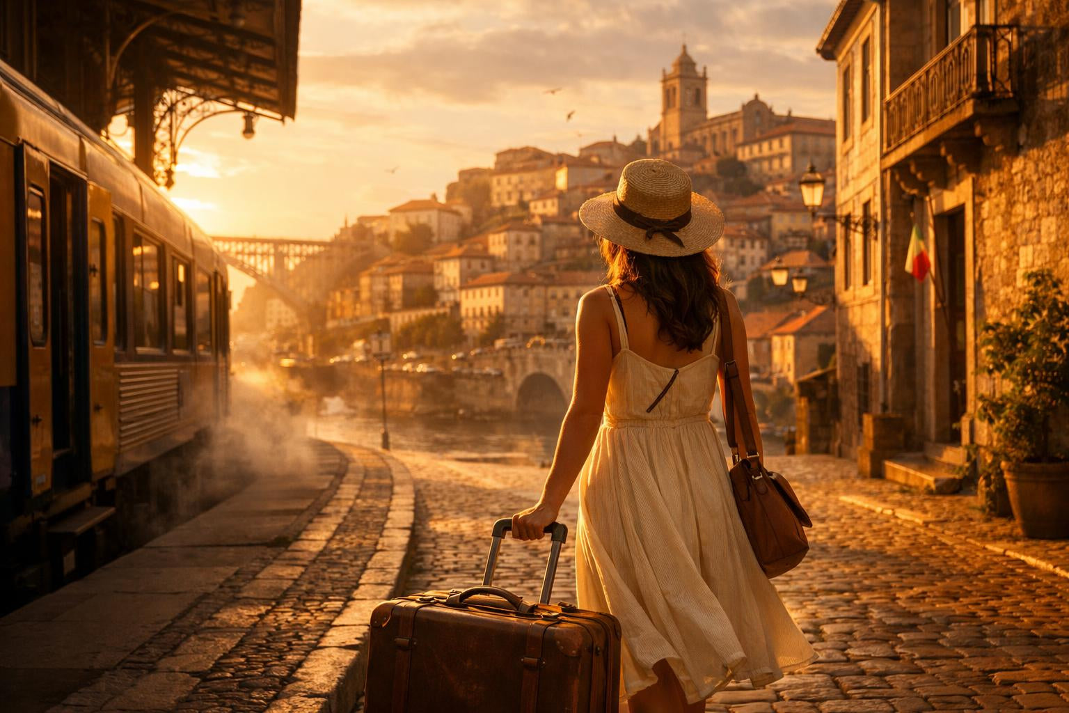 Sensuele reizigersvrouw in zomerjurk met koffer op een romantisch Europees treinstation bij zonsondergang, dromerige sfeer vol verlangen en avontuur.