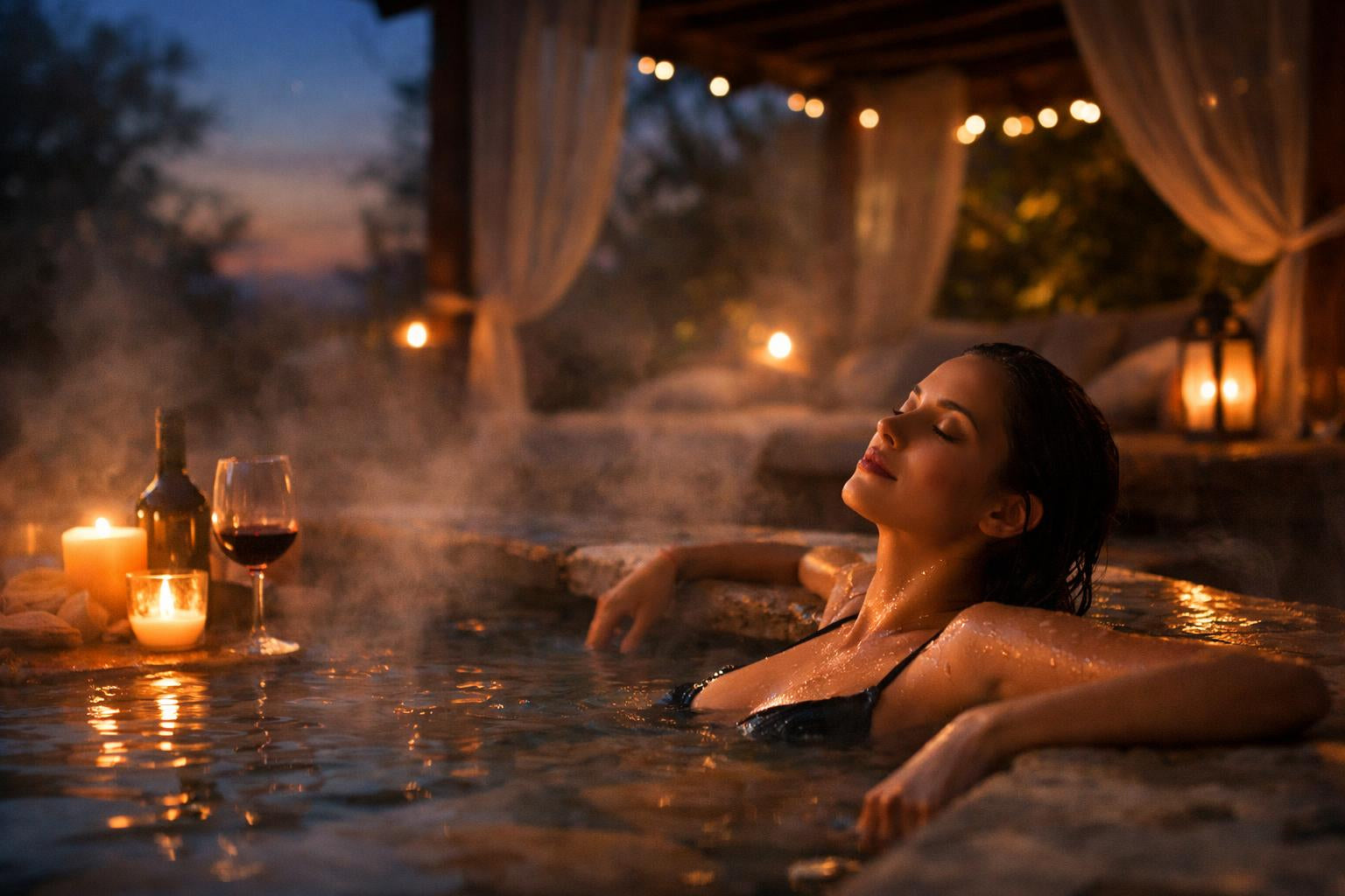 Ontspannende, sensuele scène van een vrouw die geniet in een warm bubbelbad bij kaarslicht, met een glas wijn en zachte avondverlichting in een romantische buitenomgeving.