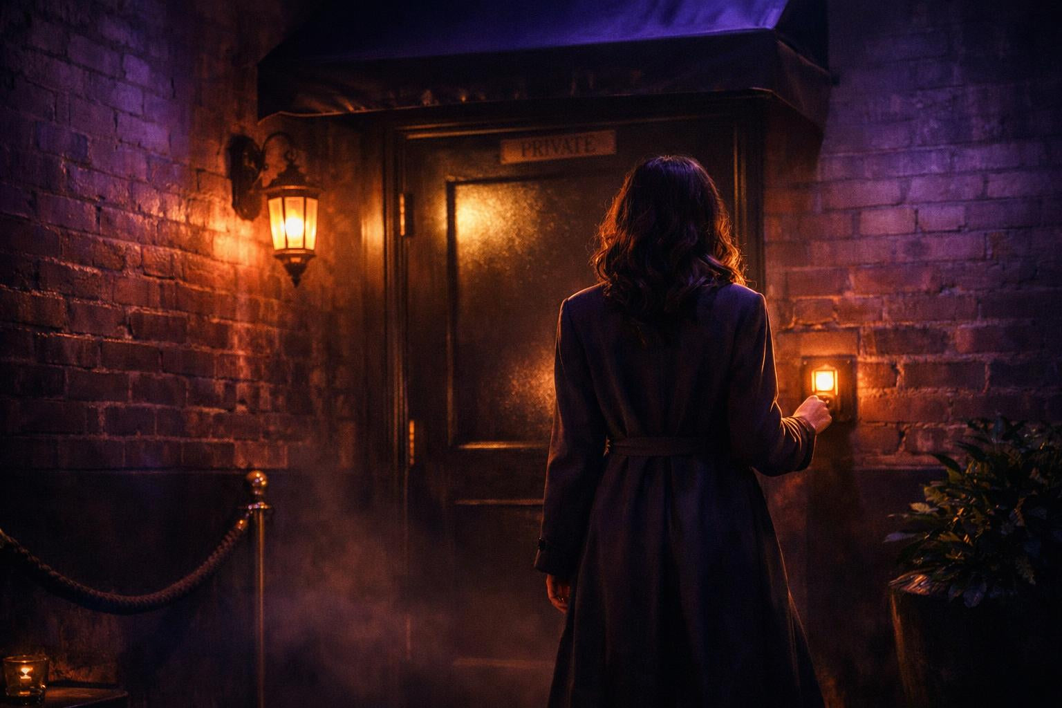 Mysterieus nachtelijk tafereel van een verleidelijke vrouw bij een geheime deur met warm kaarslicht, donkere steeg vol spanning, sensualiteit en verboden verlangen.