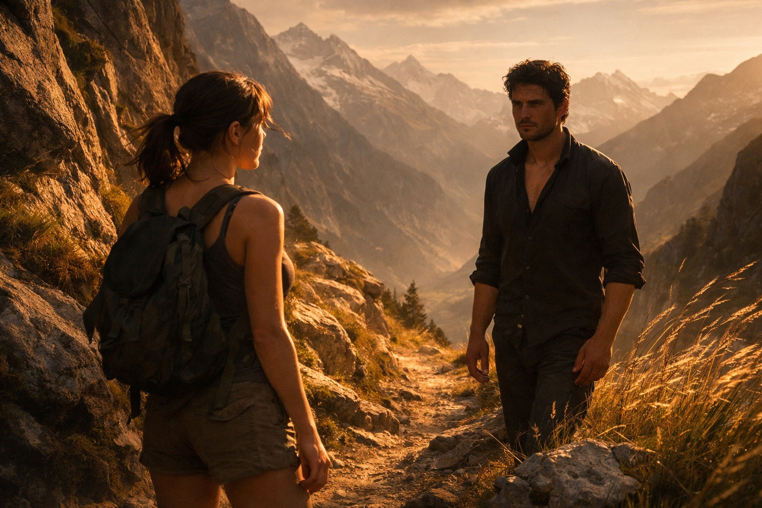 Bergpad in warm zonlicht waar twee wandelaars elkaar zwijgend aankijken tussen rotsen en stilte.