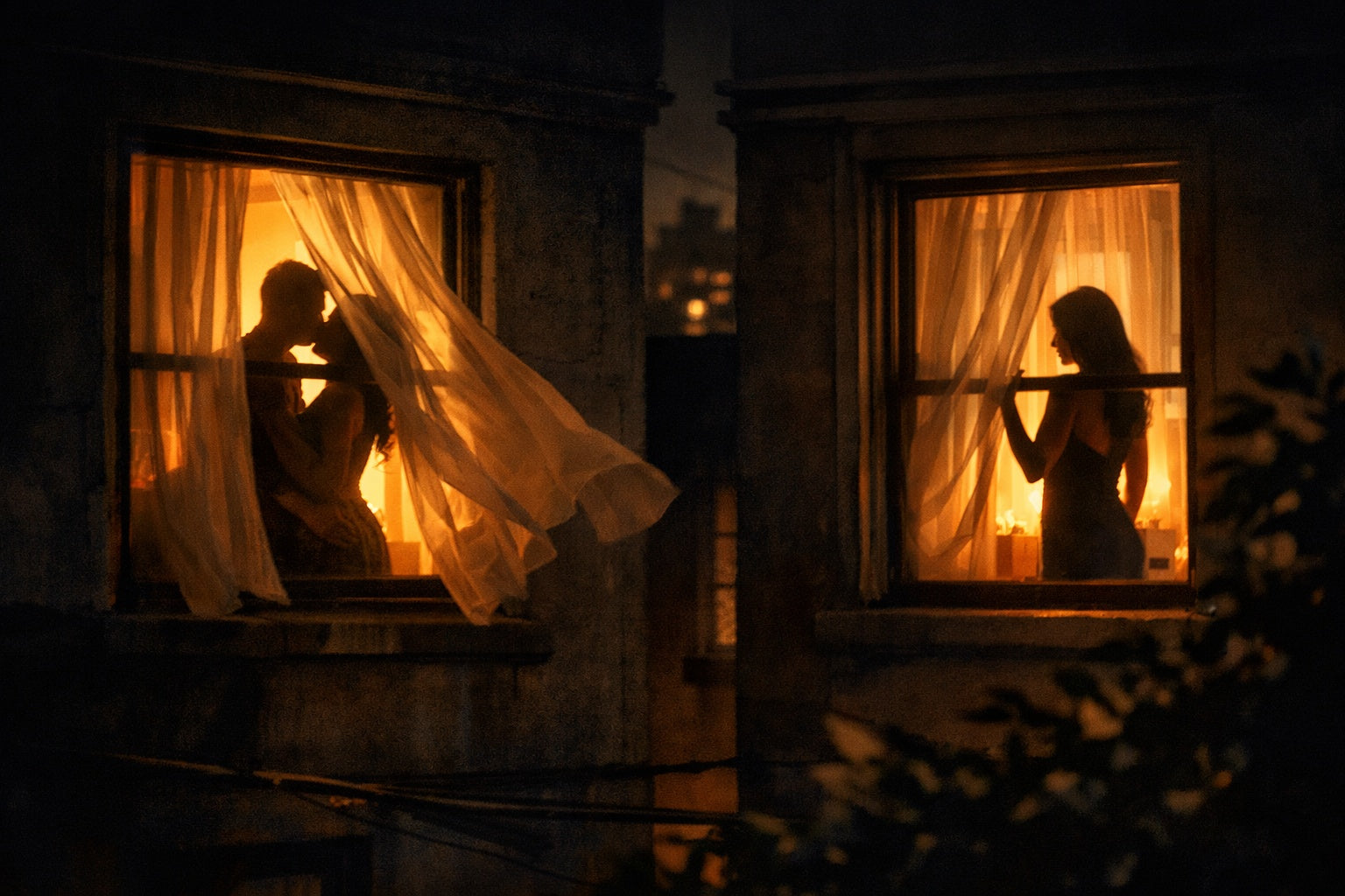 Twee open ramen in een zwoele zomernacht, warm licht en lichte gordijnen die zacht bewegen.