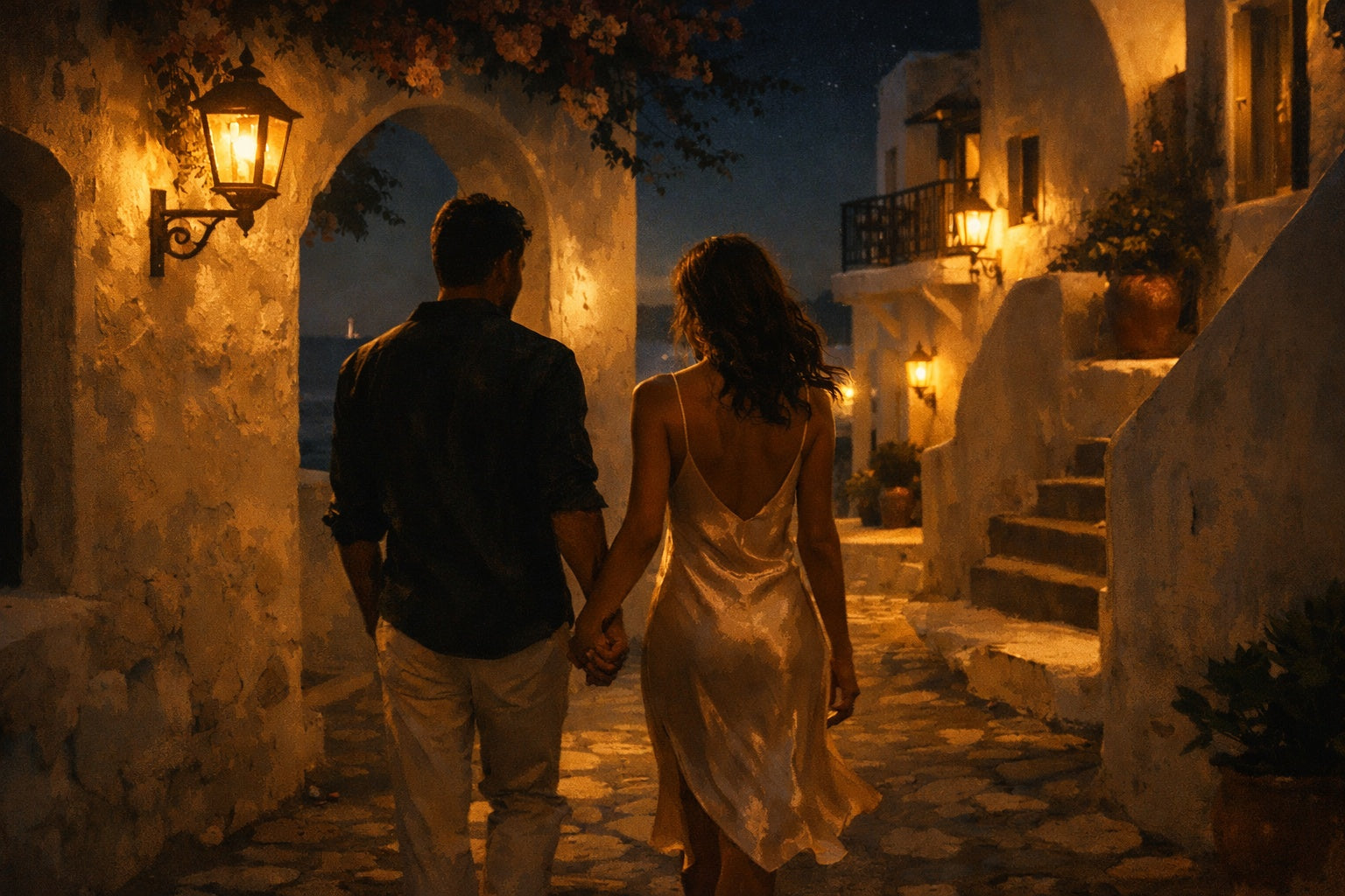 Twee silhouetten hand in hand in een smalle mediterrane straat bij nacht, badend in warm licht en beloftevolle spanning.