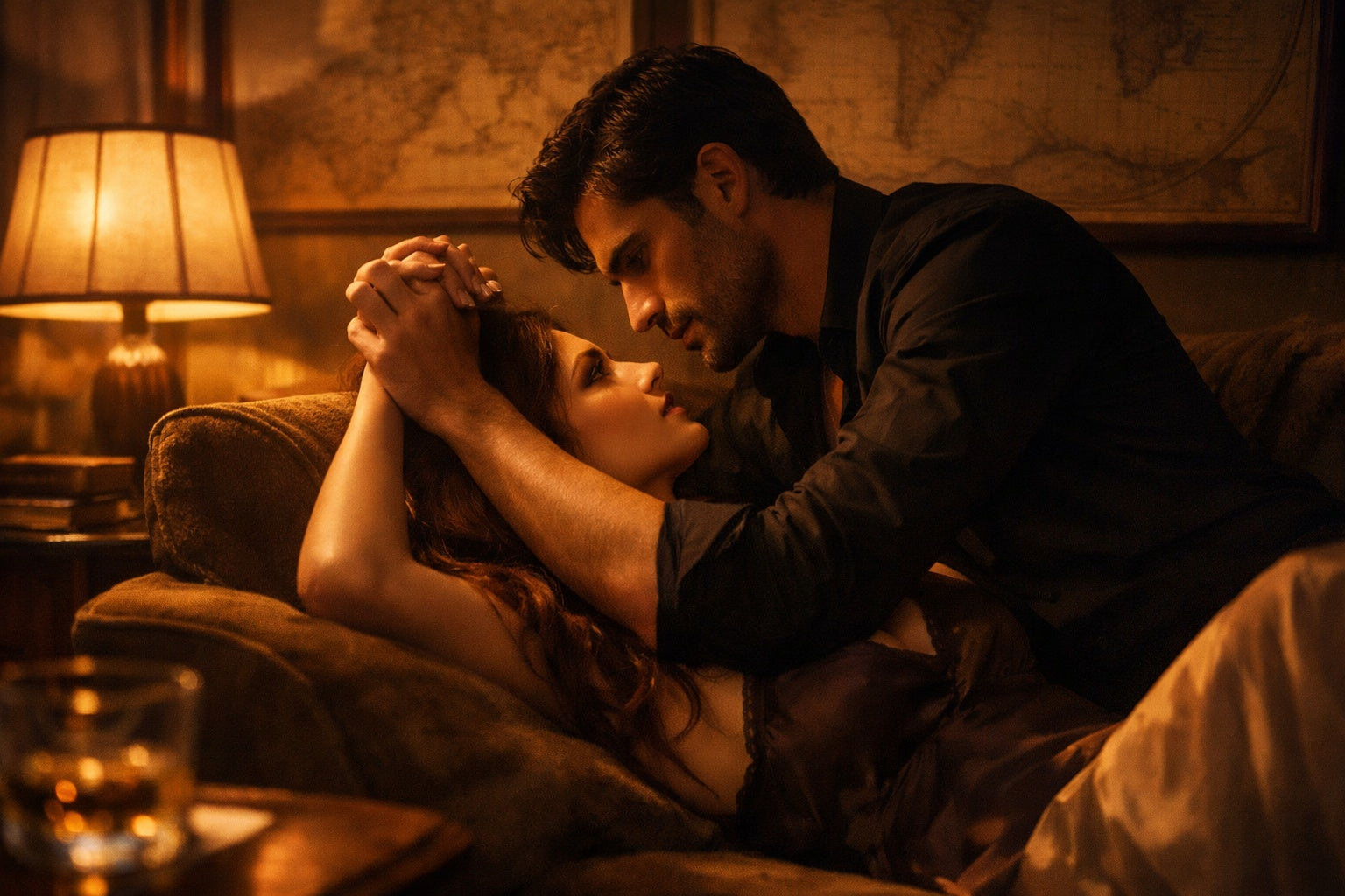 Intieme scène in warm avondlicht: een man buigt zich over een vrouw op een sofa, hun blikken verstrengeld in stille spanning.
