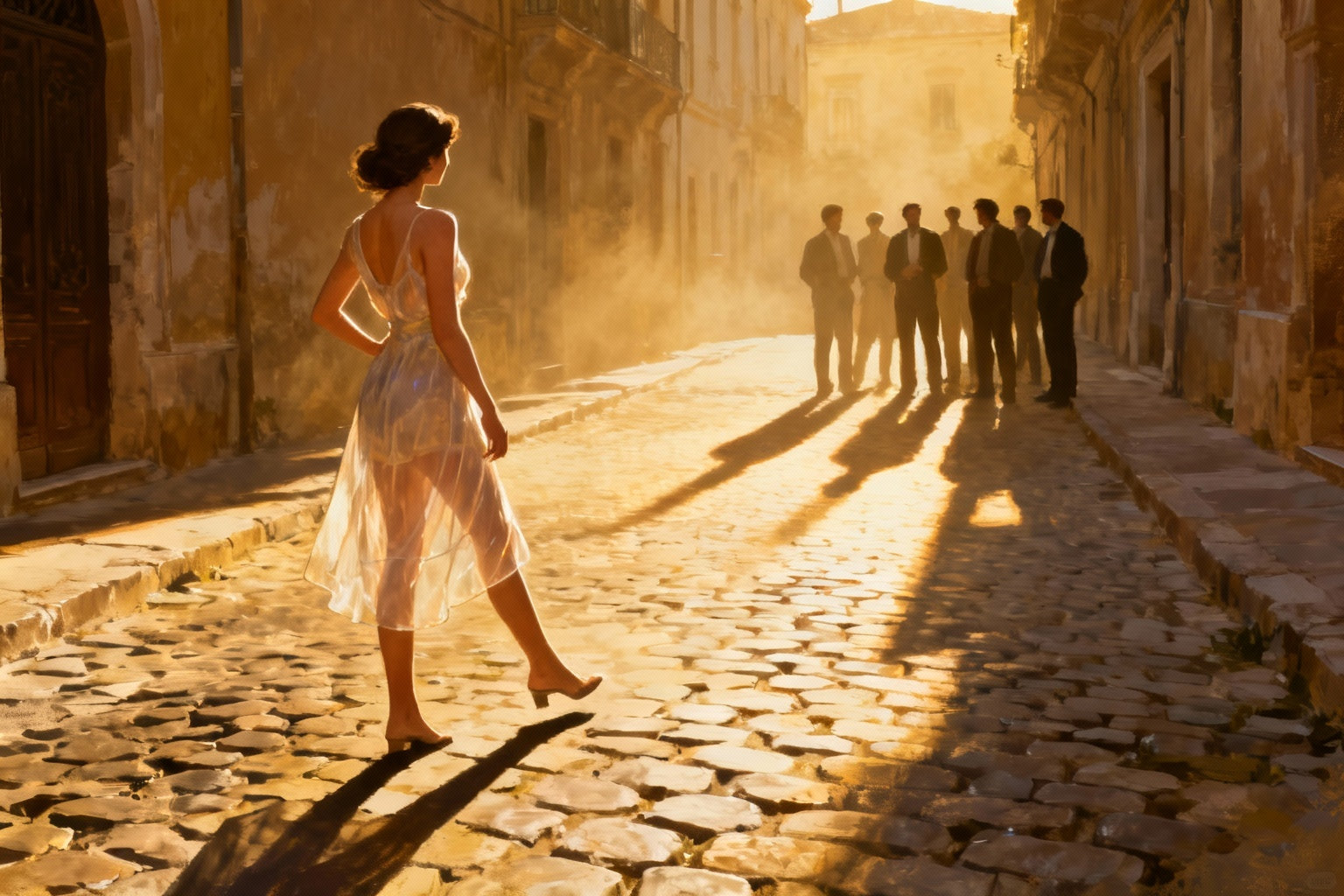 Vrouw in lichte jurk draait zich om in een zonnige straat, terwijl mannen op afstand zwijgend naar haar staren.