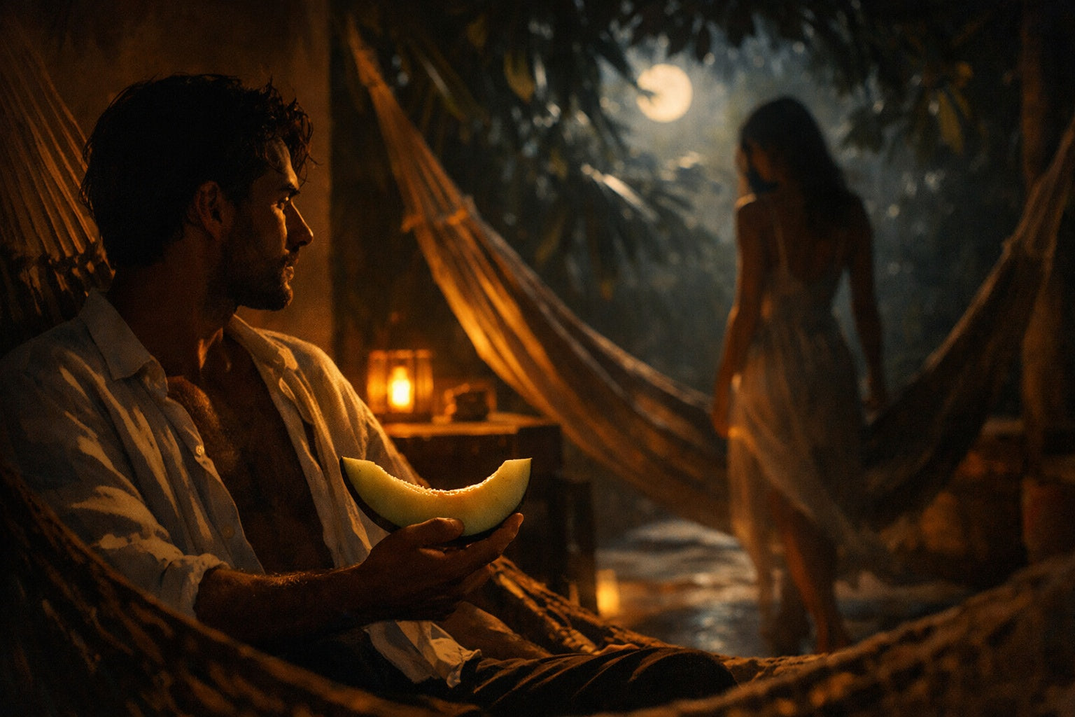 Zwoele Mexicaanse nacht met hangmatten, maanlicht en een man die in stilte aan een geliefde denkt.