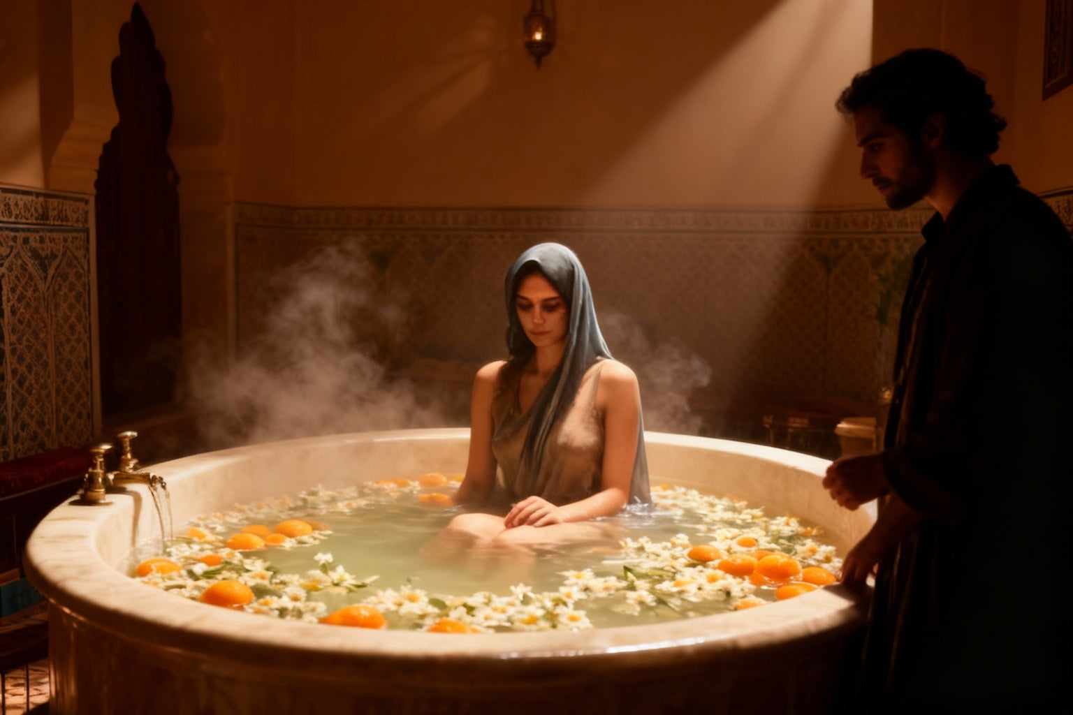 Intieme badkamer in Tanger met stoom boven een bad, een jonge vrouw in het water en een man in half licht, omgeven door warme sfeer.