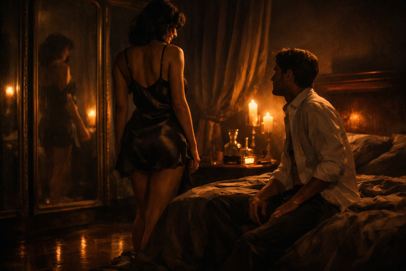Donkere slaapkamer met spiegels en zacht licht, waarin een sfeer van spanning en verwachting hangt.