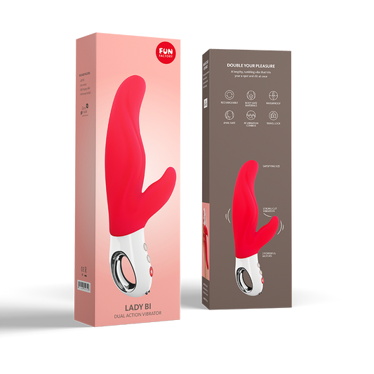 Fun Factory Lady Bi rabbit vibrator roze-rood met verpakking, voor- en achterkant doos