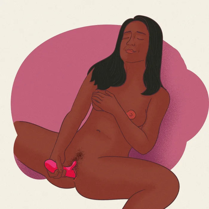 Illustratie van een vrouw die ontspannen geniet van solo masturbatie met een roze rabbit vibrator