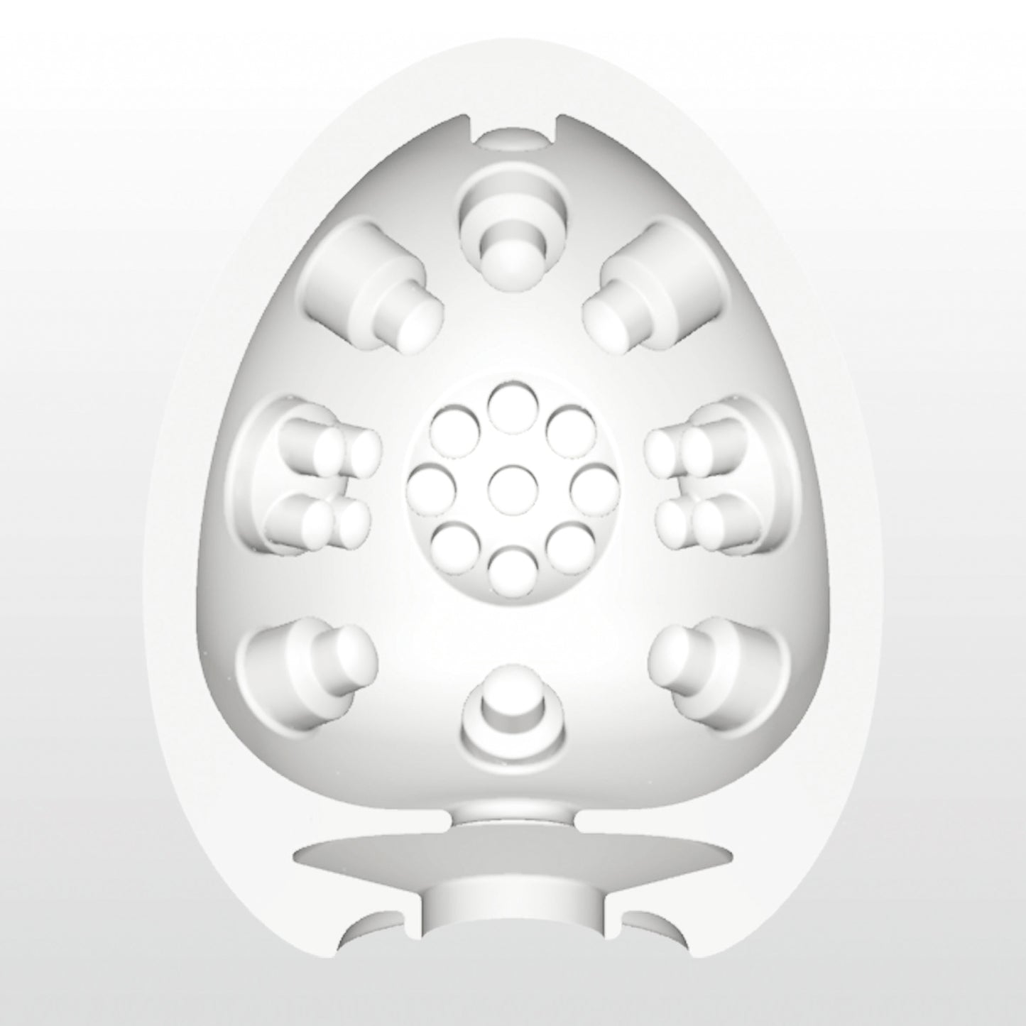 Doorsnede van de Tenga Egg Clicker met interne structuur van ronde nokjes en gaatjes