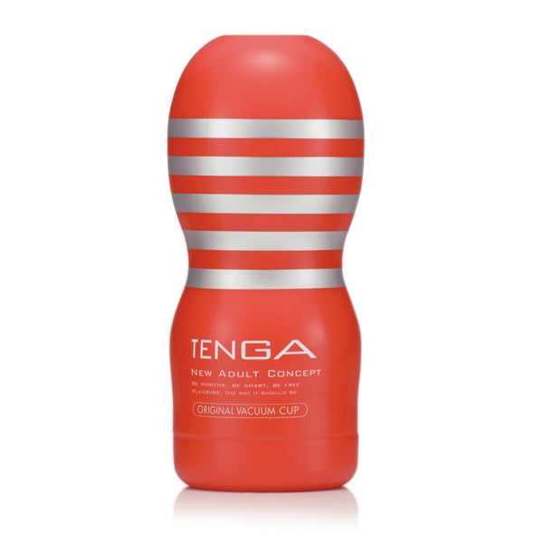 Zijaanzicht van Tenga Original Vacuum Cup toont compacte vorm en discrete verpakking