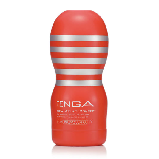 Zijaanzicht van Tenga Original Vacuum Cup toont compacte vorm en discrete verpakking