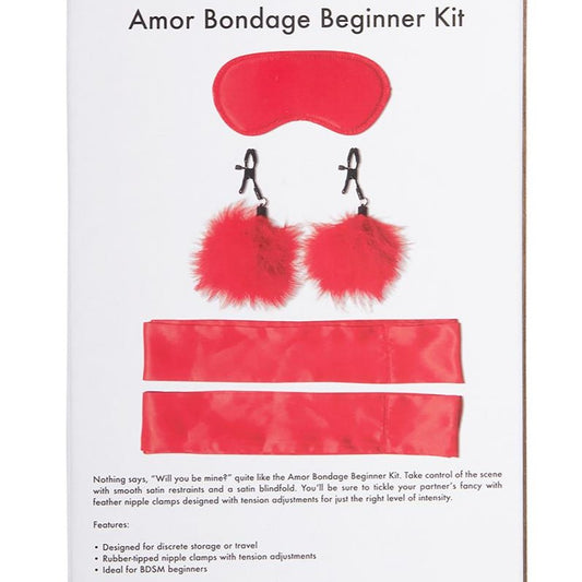 Bondage Beginners Kit van De Paarse Keizerin in passie rood op witte achtergrond met alle onderdelen zichtbaar