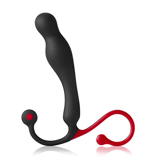 Aneros Eupho Syn zijaanzicht met zwarte siliconen schacht en rode handgreep