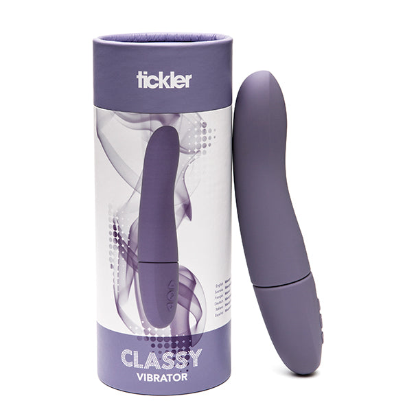 Classy vibrator van Tickler in paars naast cilindrische verpakking op witte achtergrond