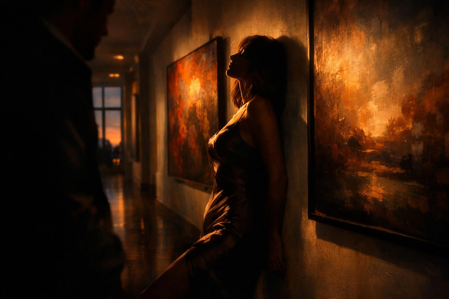 Stille galerij met kleurrijke schilderijen waar twee figuren dicht bij elkaar staan in een gespannen, intiem moment.