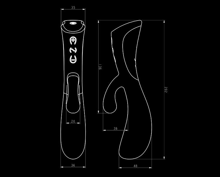 Technische maattekening van de Dorr Iora rabbit vibrator met afmetingen in mm
