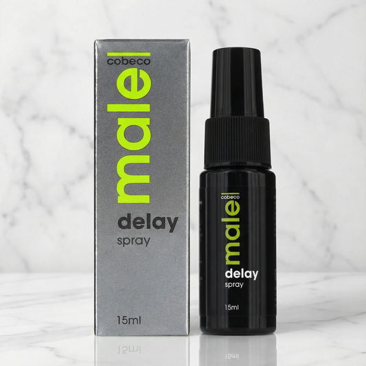 Male Cobeco Delay Spray flesje op witte achtergrond voor vertraagde hoogtepunten