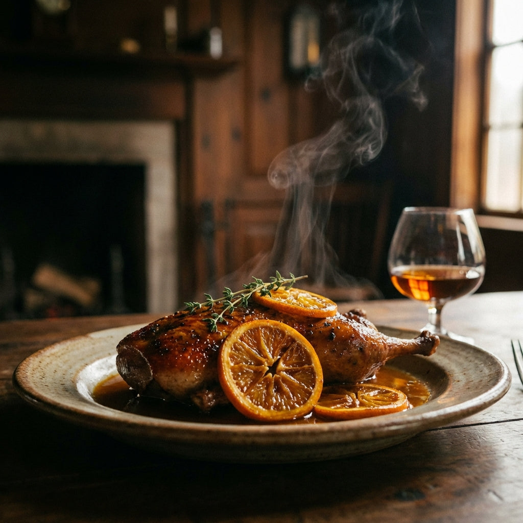 Eend met sinaasappel en een glas cognac