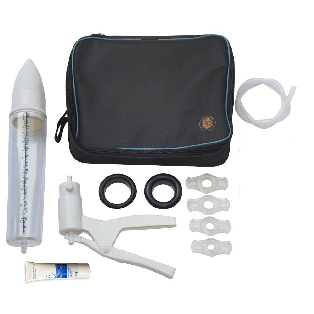 Zijaanzicht Vacurex handpomp met transparante cilinder en zwarte basis