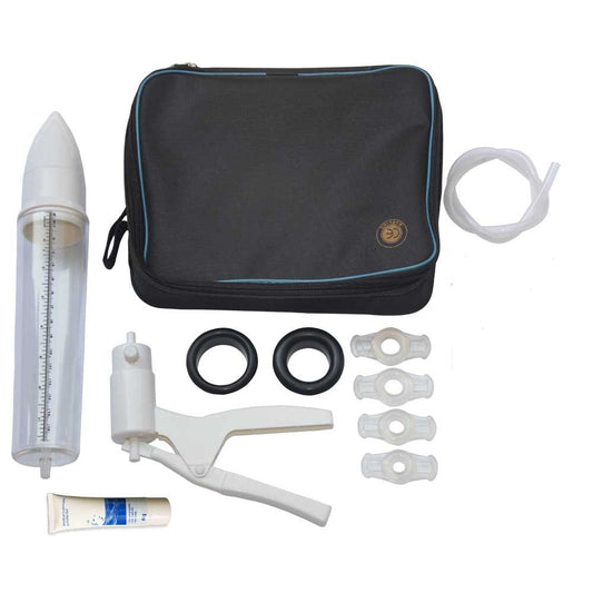 Zijaanzicht Vacurex handpomp met transparante cilinder en zwarte basis