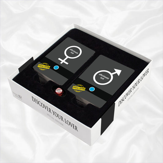 Erotisch bordspel Discover your Lover in elegante verpakking, zijaanzicht van spelonderdelen