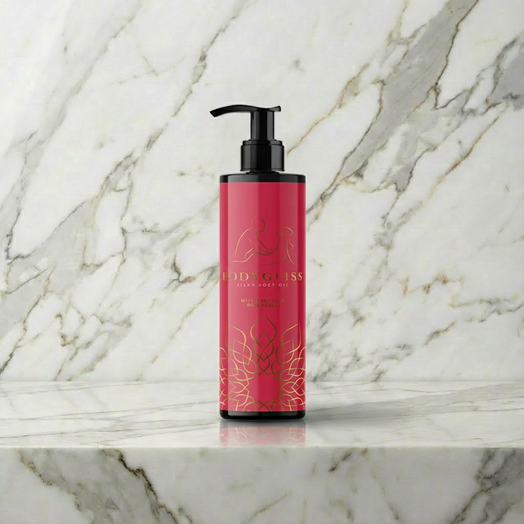 Body Gliss massage olie met rozenblaadjes in transparante fles van 150ml op witte achtergrond