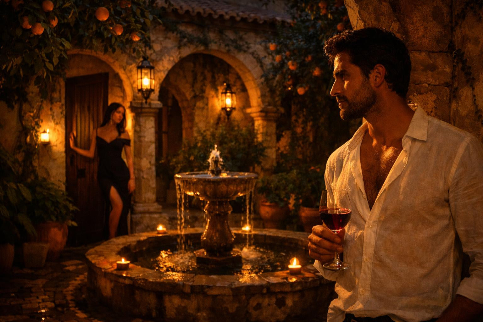 Romantische avondscène in een sfeervolle binnenplaats met fontein en kaarslicht, waar een man met een glas wijn dromerig vooruitkijkt terwijl een elegante vrouw in een zwarte jurk in de deuropening verschijnt.