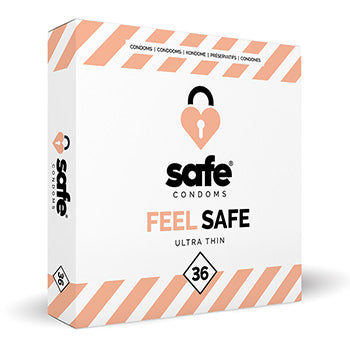 Feel Safe condooms Ultra Dun 36 stuks, witte doos met roze strepen, nieuw ontwerp.