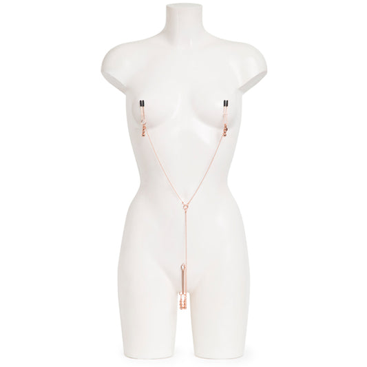 Close-up detail van verstelbare klemmen aan nipple chain, toont fijne afwerking en materiaalstructuur