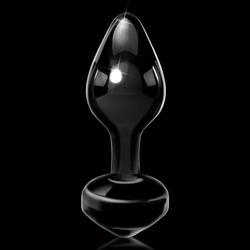 Glazen buttplug van Icicles, zwart met druppelvorm, glanzend afgewerkt op zwarte achtergrond.