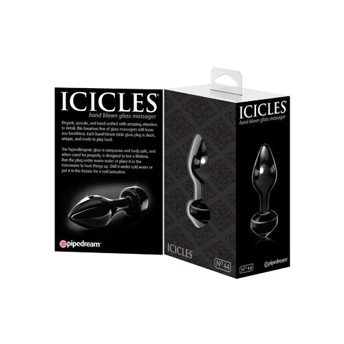 Icicles No. 44 glazen buttplug in zwarte doos, voor- en achterkant verpakking.