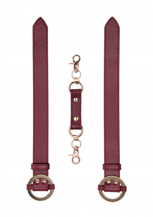 Close-up van zachte voering en metalen gespen van burgundy intimate accessoires