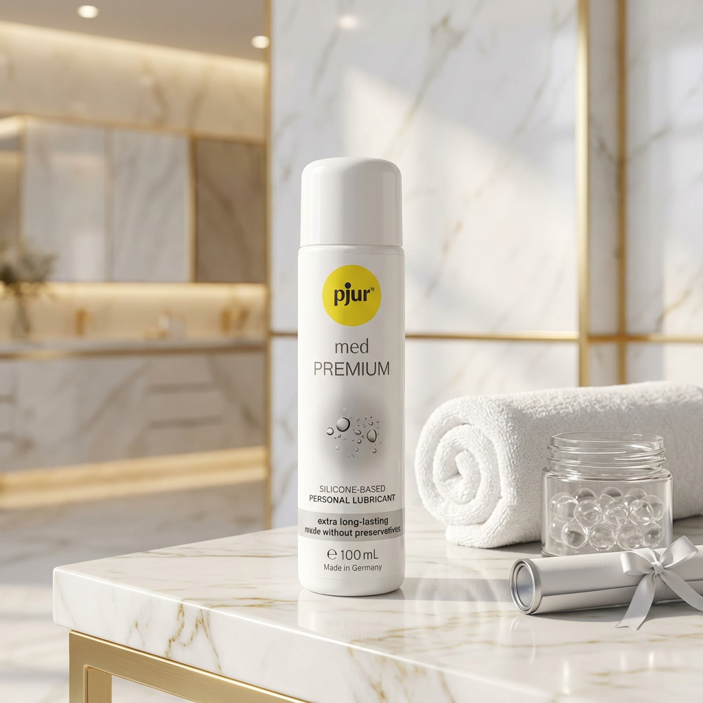 Zijaanzicht van Pjur Med Premium Glide fles met pompje en productinformatie voor gevoelige huid