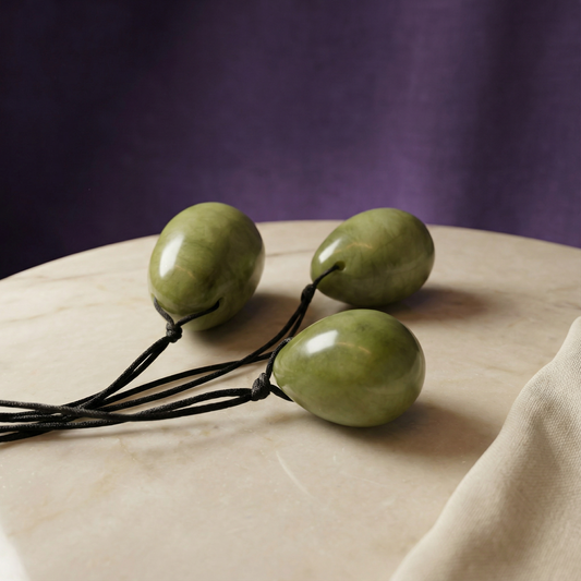 Close-up van natuurlijke groene jade textuur en vormgeving van de yoni eitjes