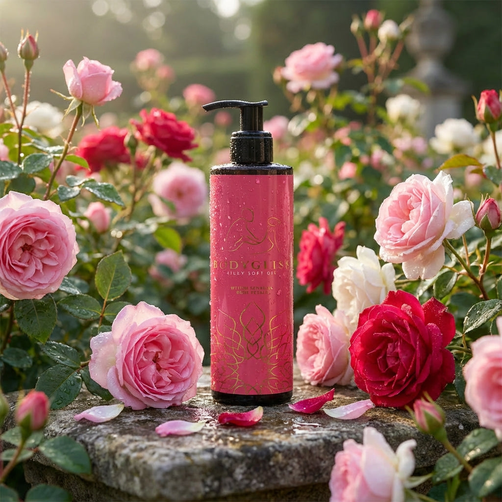 Zijaanzicht van De Paarse Keizerin massage olie fles met roze etiket en rozenblaadjes decoratie